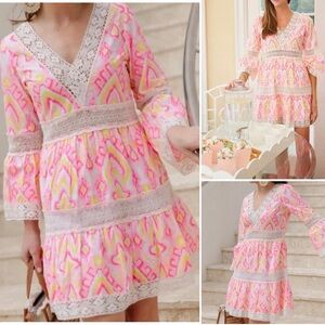 Sail To Sable Pink Ikat Bell Sleeve Dress with Lace XXS